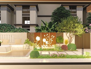 現代花園庭院景觀 景墻 休閑座凳 燈具 耐候鋼板 操作臺 玻璃磚
